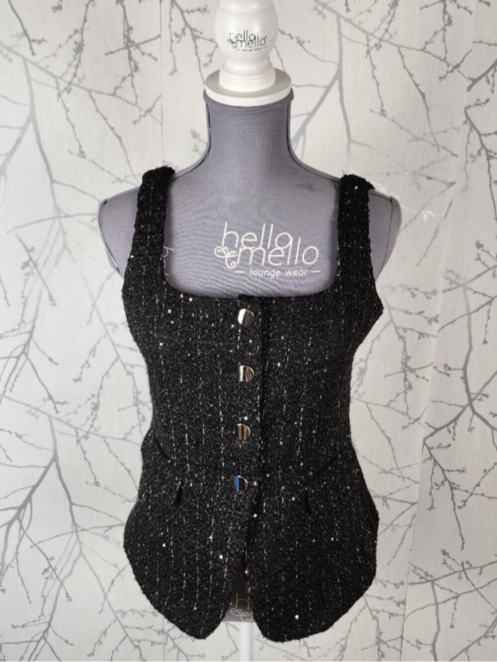 Dynamite Black Sequin Tweed Button Front Square Neck Vest